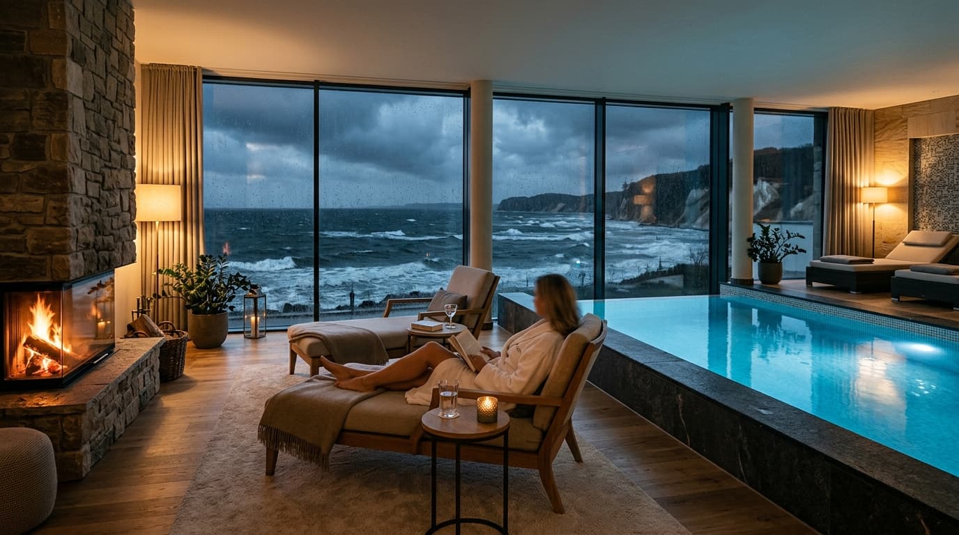 Gemütliche Wellnessoase bei Schietwetter mit Blick auf die stürmische Ostsee auf Rügen