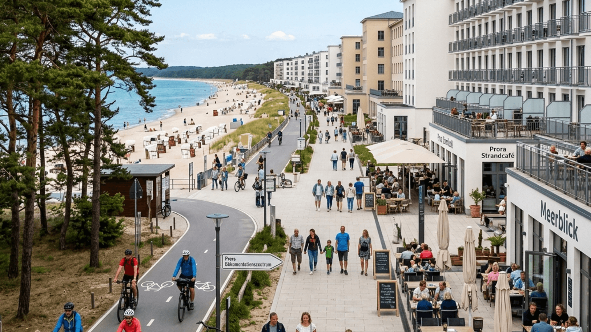 Modernisierte Strandpromenade mit Cafés und Radweg am Denkmal Prora