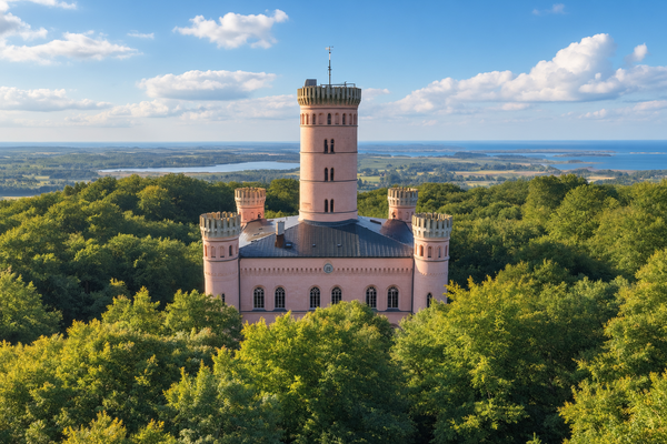 Das Jagdschloss Granitz mit seinem 38 Meter hohen Mittelturm inmitten der dichten Buchenwälder auf dem Tempelberg auf Rügen.