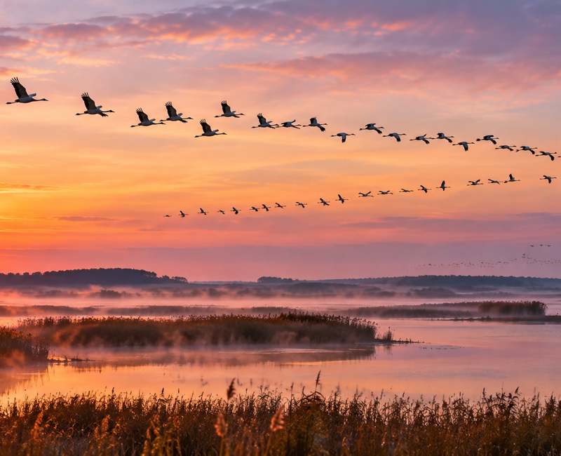 Formationsflug der Kraniche am frühen Morgen über den Boddengewässern auf Rügen im sanften Licht des Sonnenaufgangs.