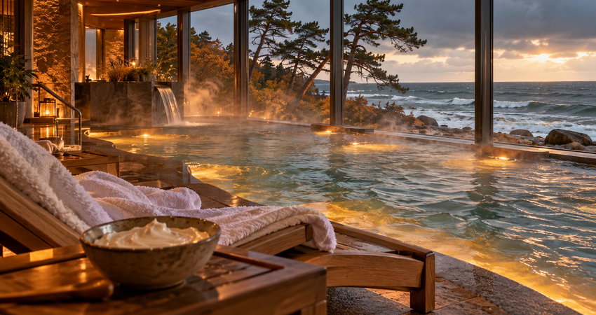 Warmes Solebecken mit Panoramablick auf die herbstliche Ostsee in einem Spa auf Rügen.