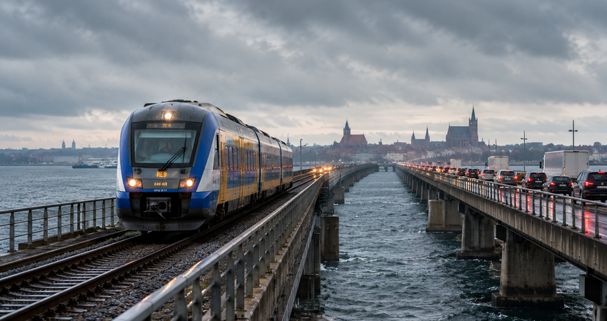 Bahnverbindung über den Strelasund als staufreie Alternative bei Regenwetter auf Rügen mit Blick auf die Bundesstraße B96.