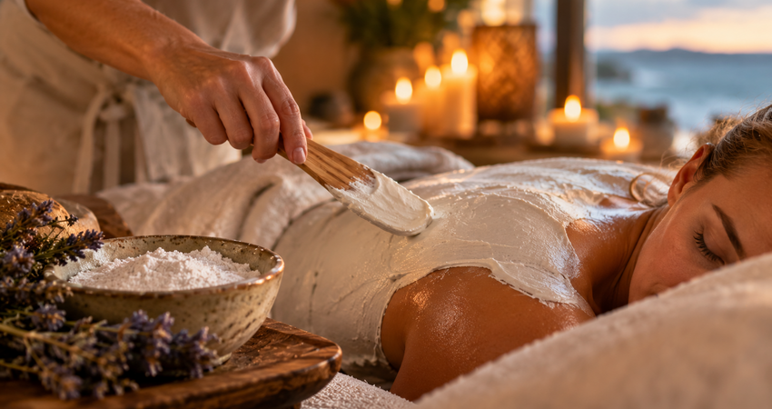 Sanftes Auftragen von warmer weißer Rügener Heilkreide auf den Rücken während einer Wellness-Behandlung auf Rügen.