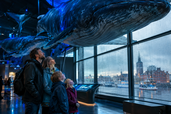 Familie betrachtet lebensgroße Walmodelle im Ozeaneum Stralsund bei Regenwetter auf Rügen.