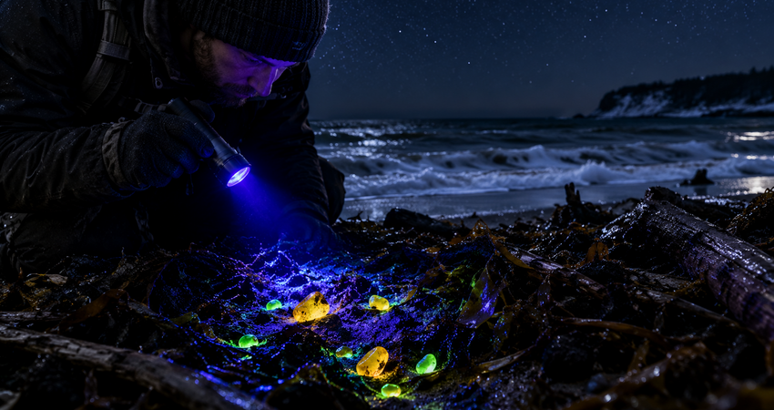 Echter Bernstein fluoresziert unter dem ultravioletten Licht einer UV-Taschenlampe am nächtlichen Strand auf Rügen.