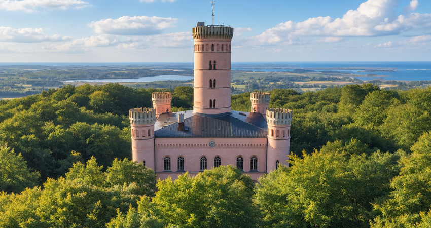 Das Jagdschloss Granitz mit seinem 38 Meter hohen Mittelturm inmitten der dichten Buchenwälder auf dem Tempelberg auf Rügen.
