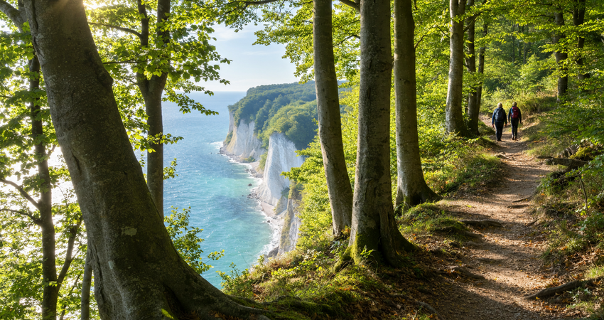 Wanderweg auf dem Hochuferweg im Nationalpark Jasmund mit Blick durch alte Buchen auf die weißen Kreidefelsen und das Meer.