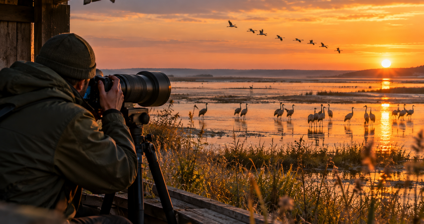 Naturfotograf mit Teleobjektiv und Stativ beobachtet Kraniche an der Udarser Wiek auf Rügen im warmen Abendlicht.