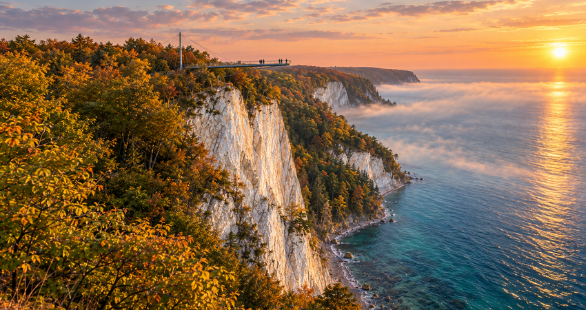 Die strahlend weißen Kreidefelsen des Königsstuhls mit dem freitragenden Skywalk über der türkisfarbenen Ostsee im Nationalpark Jasmund.
