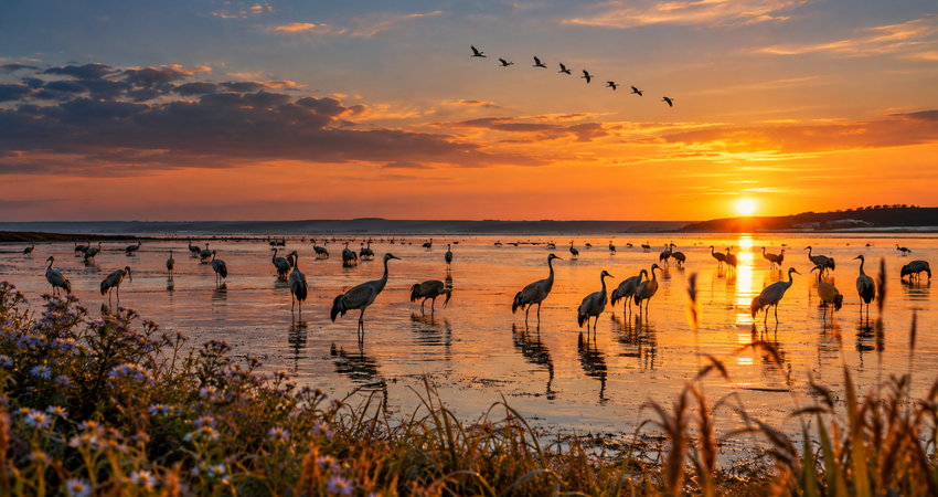 Kraniche im seichten Boddengewässer der Udarser Wiek bei Ummanz während des herbstlichen Kranichzugs auf Rügen im Abendlicht.