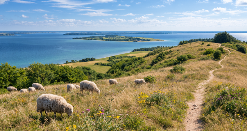 Wanderweg auf dem Kamm der Zickerschen Berge mit weidenden Pommernschafen und Blick auf den Greifswalder Bodden auf Rügen.