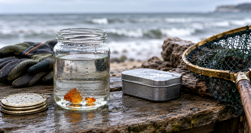 Schraubglas mit Wasser und Blechdose für den sicheren Transport von Bernstein und zum Schutz vor weißem Phosphor.