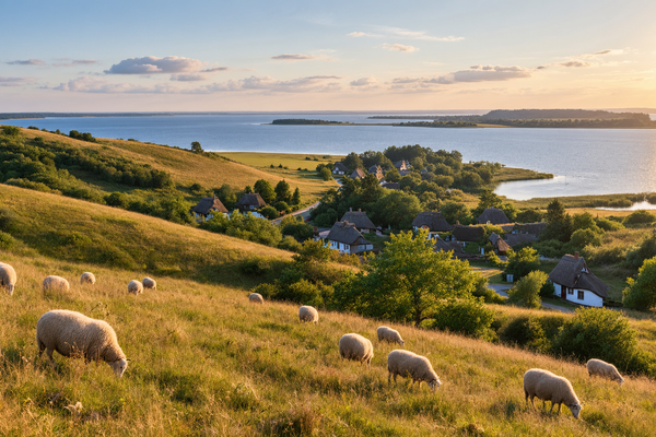 Sanfte grüne Hügel der Zickerschen Berge mit weidenden Schafen und Blick auf Reetdachhäuser und Bodden auf Mönchgut.