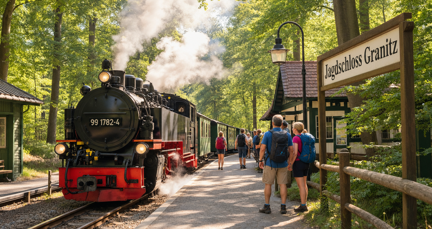Die historische Dampf-Schmalspurbahn Rasender Roland am Wald-Bahnhof Jagdschloss Granitz auf Rügen.