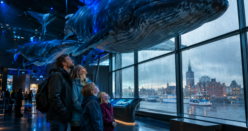 Familie betrachtet lebensgroße Walmodelle im Ozeaneum Stralsund bei Regenwetter auf Rügen.