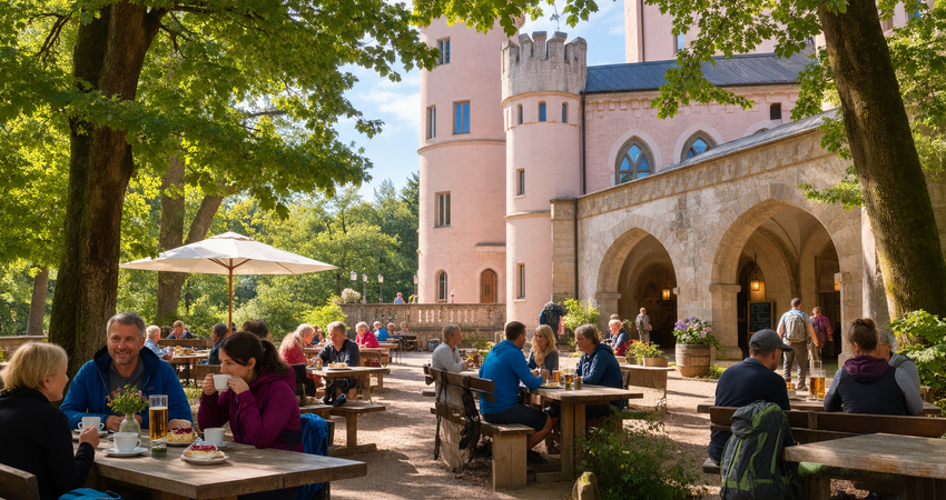 Besucher im Waldbiergarten und auf der Schlossterrasse vor dem Jagdschloss Granitz auf Rügen.