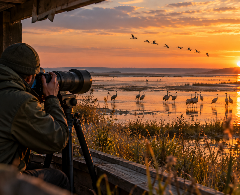 Naturfotograf mit Teleobjektiv und Stativ beobachtet Kraniche an der Udarser Wiek auf Rügen im warmen Abendlicht.