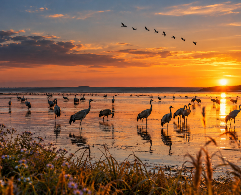 Kraniche im seichten Boddengewässer der Udarser Wiek bei Ummanz während des herbstlichen Kranichzugs auf Rügen im Abendlicht.