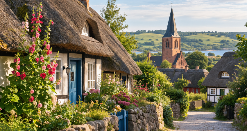 Historische reetgedeckte Fachwerkhäuser und Bauerngärten entlang der kopfsteingepflasterten Dorfstraße in Groß Zicker auf Mönchgut.