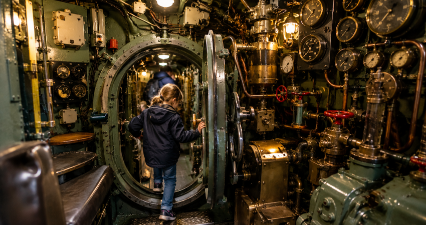 Kind klettert durch eine runde Luke im U-Boot-Museum H.M.S. Otus im Stadthafen von Sassnitz auf Rügen.