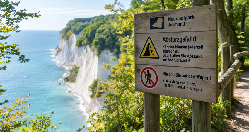 Offizielles Warnschild an der Steilküste im Nationalpark Jasmund auf Rügen mit Blick auf die weißen Kreidefelsen und das Meer.