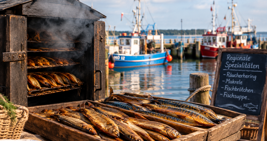 Frisch geräucherter Ostseefisch auf Holzbrettern am Fischereihafen auf Mönchgut vor liegenden Fischkuttern.