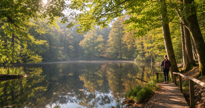 Wanderweg auf dem Holzsteg am Ufer des Schwarzen Sees inmitten der dichten Buchenwälder der Granitz auf Rügen.
