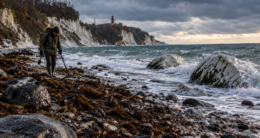 Steiniger Ostseestrand bei Kap Arkona und Mukran auf Rügen mit Spülsaum zur Bernsteinsuche.