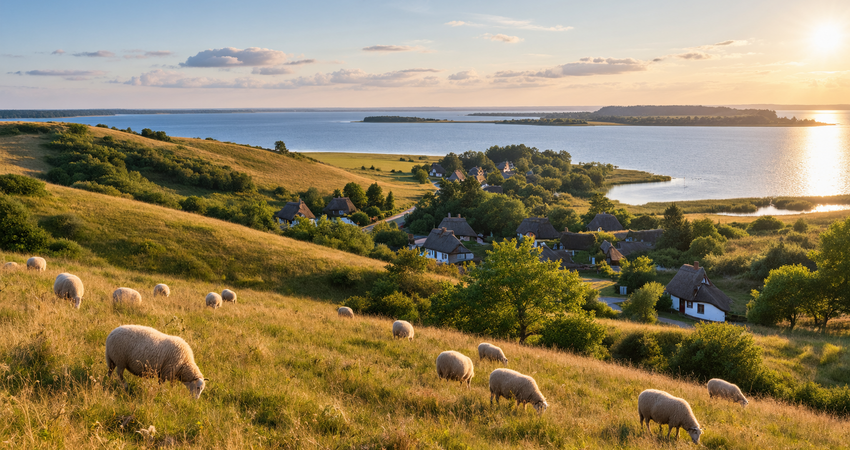 Sanfte grüne Hügel der Zickerschen Berge mit weidenden Schafen und Blick auf Reetdachhäuser und Bodden auf Mönchgut.