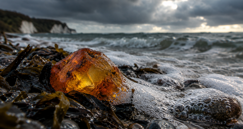 Frischer roher Ostsee-Bernstein liegt nach einem Herbststurm im feuchten Spülsaum an einem Strand auf Rügen.