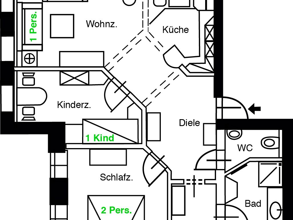 Ferienwohnung Sanssouci, 67 qm, 2 Schlafzimmer, max. 3 Erwachsene + 2 Kinder - Villa Strandblick Binz detail 2