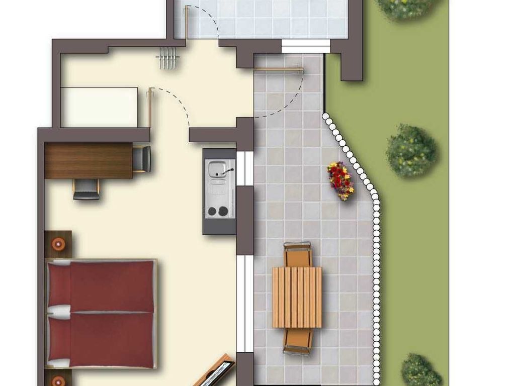 1-Raum-Appartement im EG mit Süd-West-Terrasse