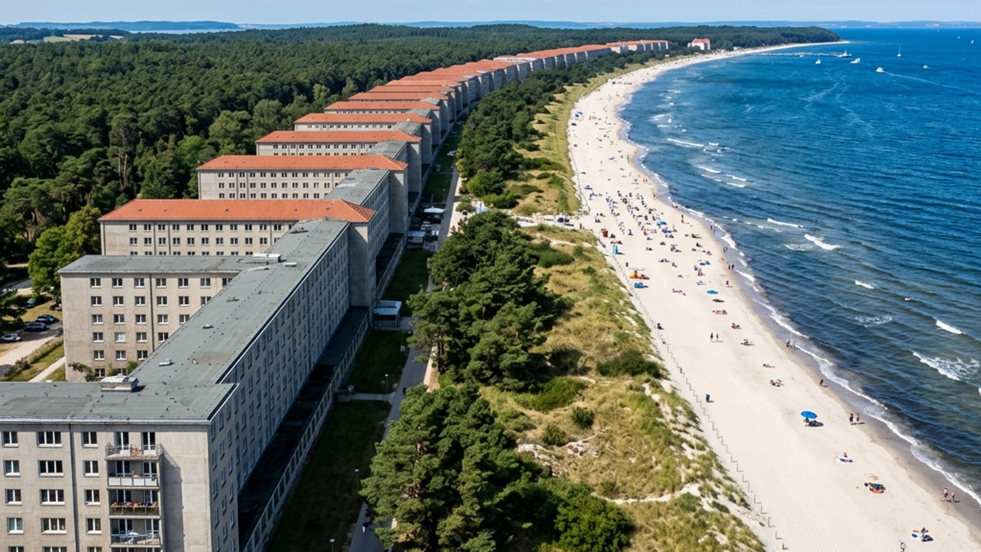 Luftaufnahme des monumentalen Gebäudekomplexes Prora an der Ostsee auf Rügen